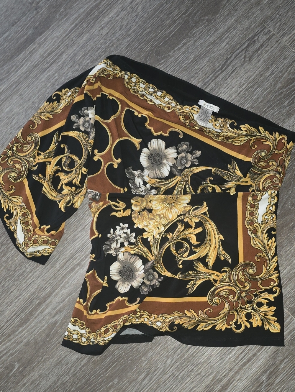 Cache Black One-Shoulder Baroque Floral Top with Gold Scrolls